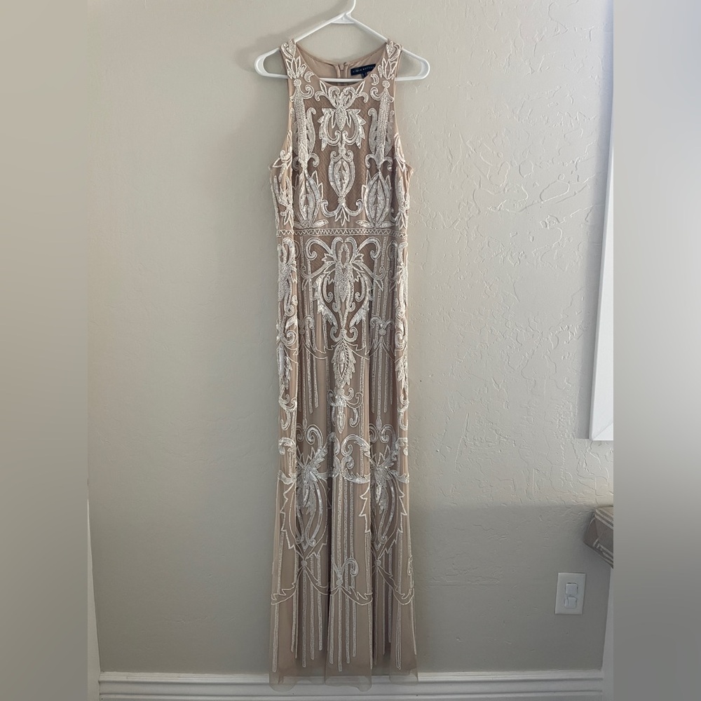 Aidan Mattox Nude Beaded Embroidered Evening Gown